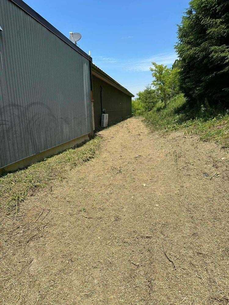 A dirt road leading to a building with a satellite dish on top of it.