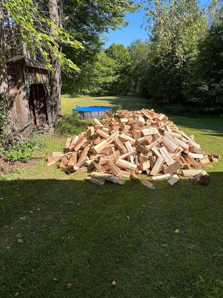 A pile of wood is sitting on top of a lush green field.