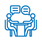 Two people are sitting at a table with speech bubbles above them.