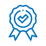 A blue ribbon with a check mark inside of it.