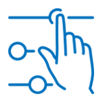A blue line drawing of a hand pointing at something.