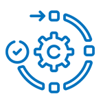 A blue icon of a gear with arrows around it and a check mark.