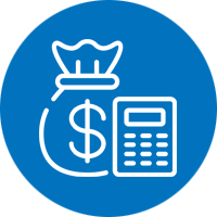 A bag of money and a calculator in a blue circle.