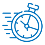 A blue icon of a stopwatch on a white background.