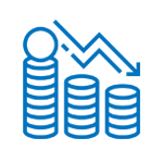 A line icon of three stacks of coins with an arrow pointing down.