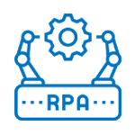 A blue line icon of a robotic arm with a gear.
