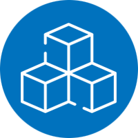 Three cubes are stacked on top of each other in a blue circle.