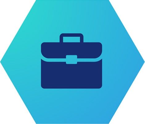 A blue hexagon with a briefcase icon inside of it.