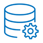 A blue icon of a database with a gear next to it.