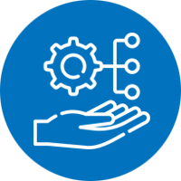 A hand is holding a gear in a blue circle.