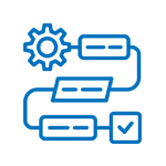A blue line icon of a process with a gear and a check mark.