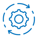 A blue gear with arrows around it on a white background.