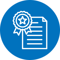 An icon of a certificate with a star on it in a blue circle.