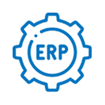 A blue gear with the word erp written inside of it.