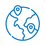 A blue line drawing of a globe with two pins on it.