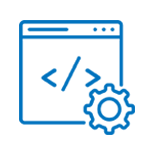 A blue icon of a computer screen with a gear.