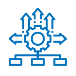 A blue line icon of a gear with arrows pointing in different directions.