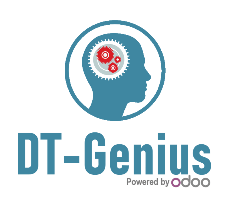 A logo for dt-genius powered by odoo