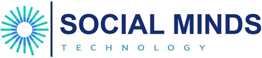 A logo for social minds technology with a sun in the middle.