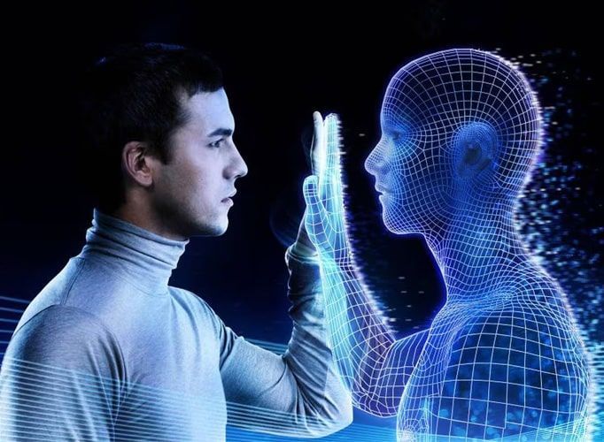 A man and a 3d model of a man are looking at each other.