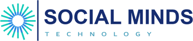 A logo for social minds technology with a sun in the middle.