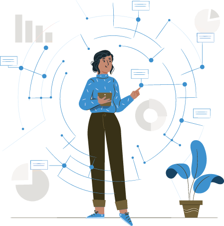 A woman is standing in a circle with graphs and charts around her.