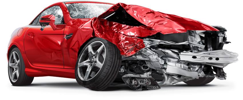 Red sports car heavily damaged in a crash, front end crumpled.