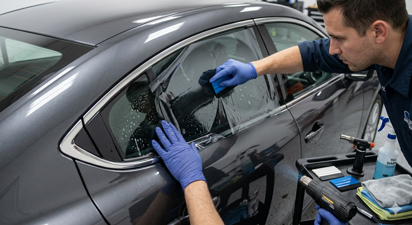 A car is wrapped in plastic and sitting in a garage.