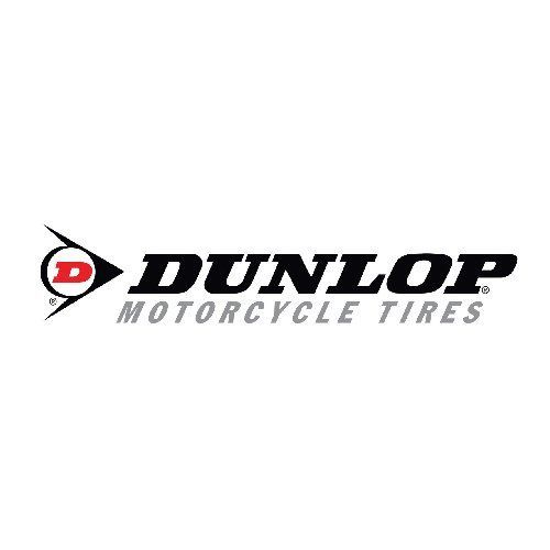 Dunlop motorcycle tire logo with a red "D" in a black triangle and the brand name in bold letters.