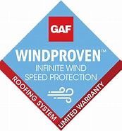 A logo for a windproof roofing system with a limited warranty.