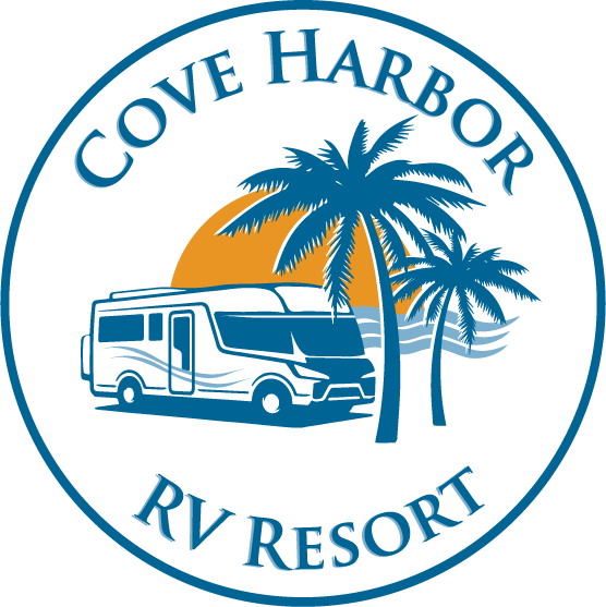 A logo for cove harbor rv resort with a rv and palm trees