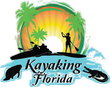 Logo: Kayaking Florida with kayakers, paddleboarder, palm trees, sun, and sea creatures.