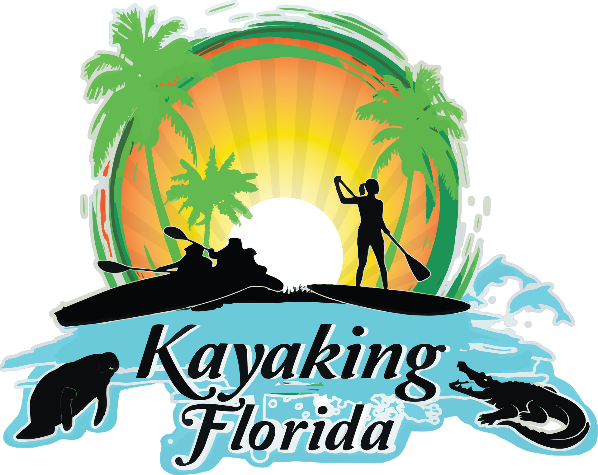 Logo: Kayaking Florida with kayakers, paddleboarder, palm trees, sun, and sea creatures.