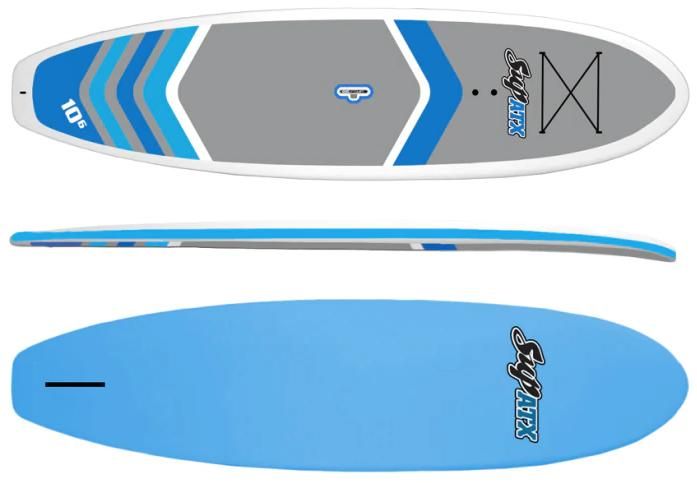 Blue and gray stand-up paddleboard, top, side, and bottom views. Features blue and white design, logo, and bungee cords.