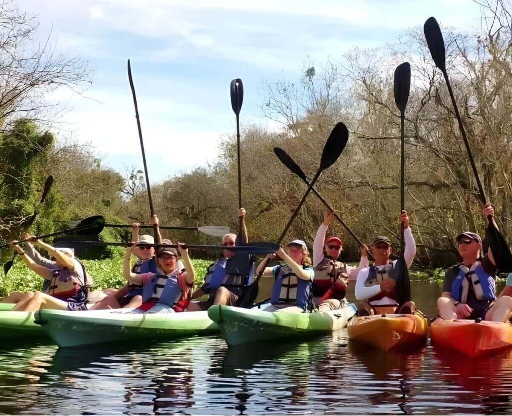 Kayakers with paddles raised, on a river. Sunny day, with trees along the banks.