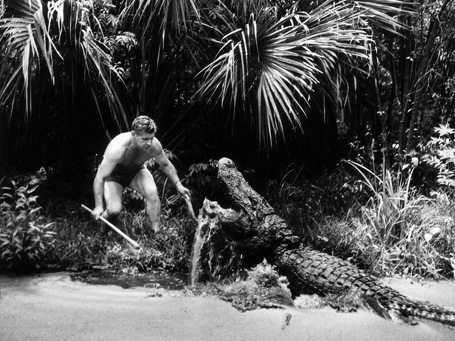 Man fights a crocodile with a stick near water in a jungle setting.