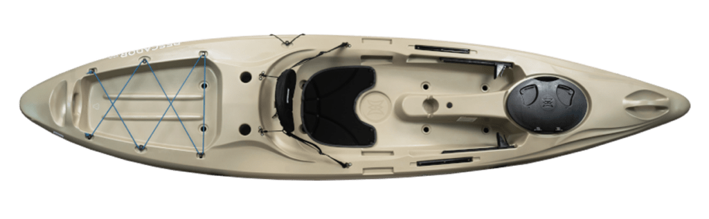 Top-down view of a tan kayak with a black seat and bungee cord storage on the front.