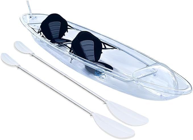 Clear kayak with two seats and two paddles.