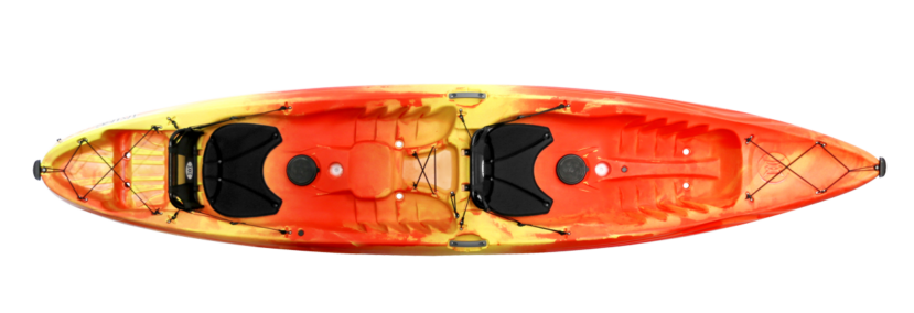 Overhead view of a tandem kayak with yellow and red color scheme on a white background.