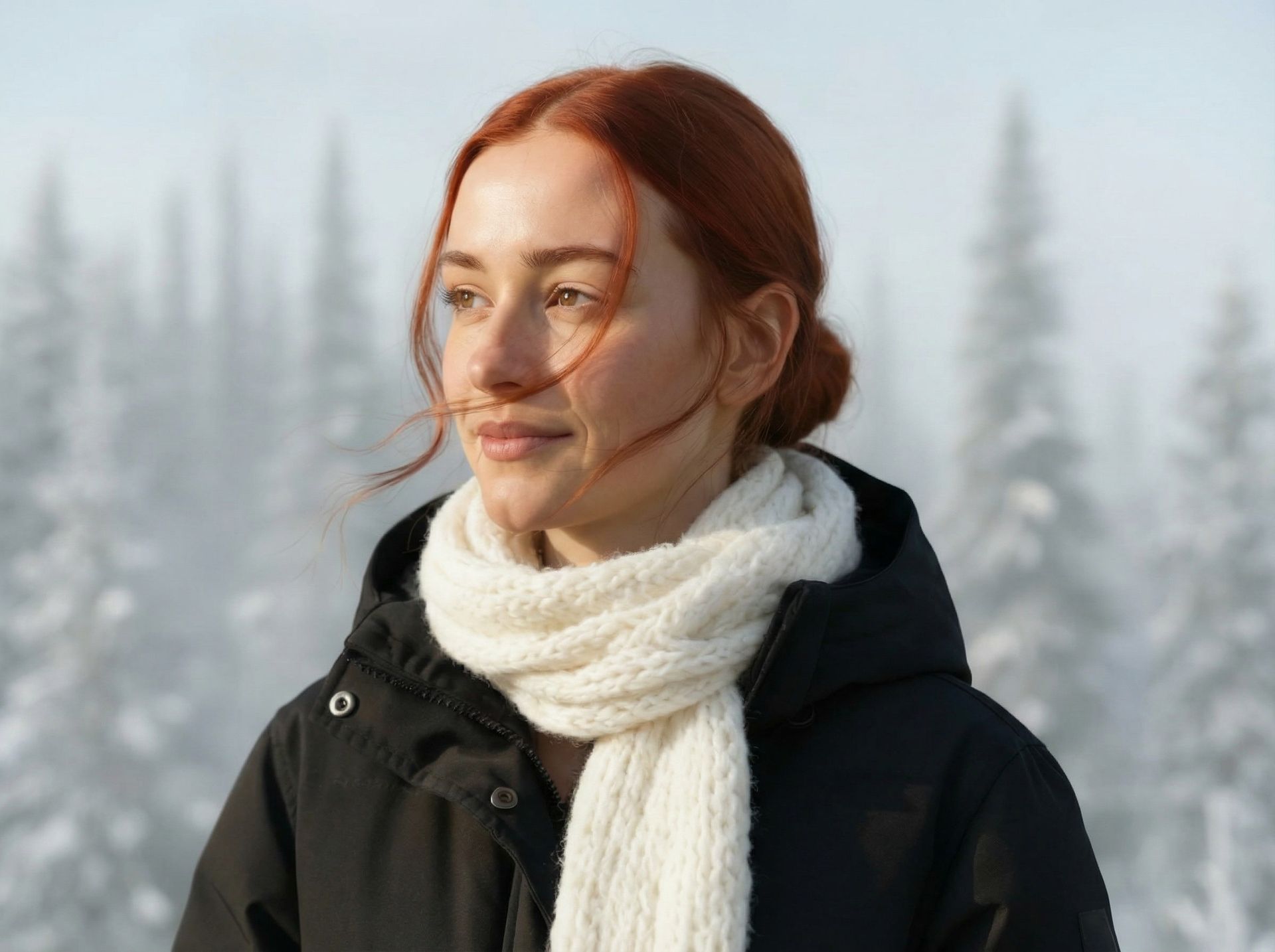 Leena, Lapinkuiskaaja, valkoinen huivi ja musta takki, lumisessa metsässä.