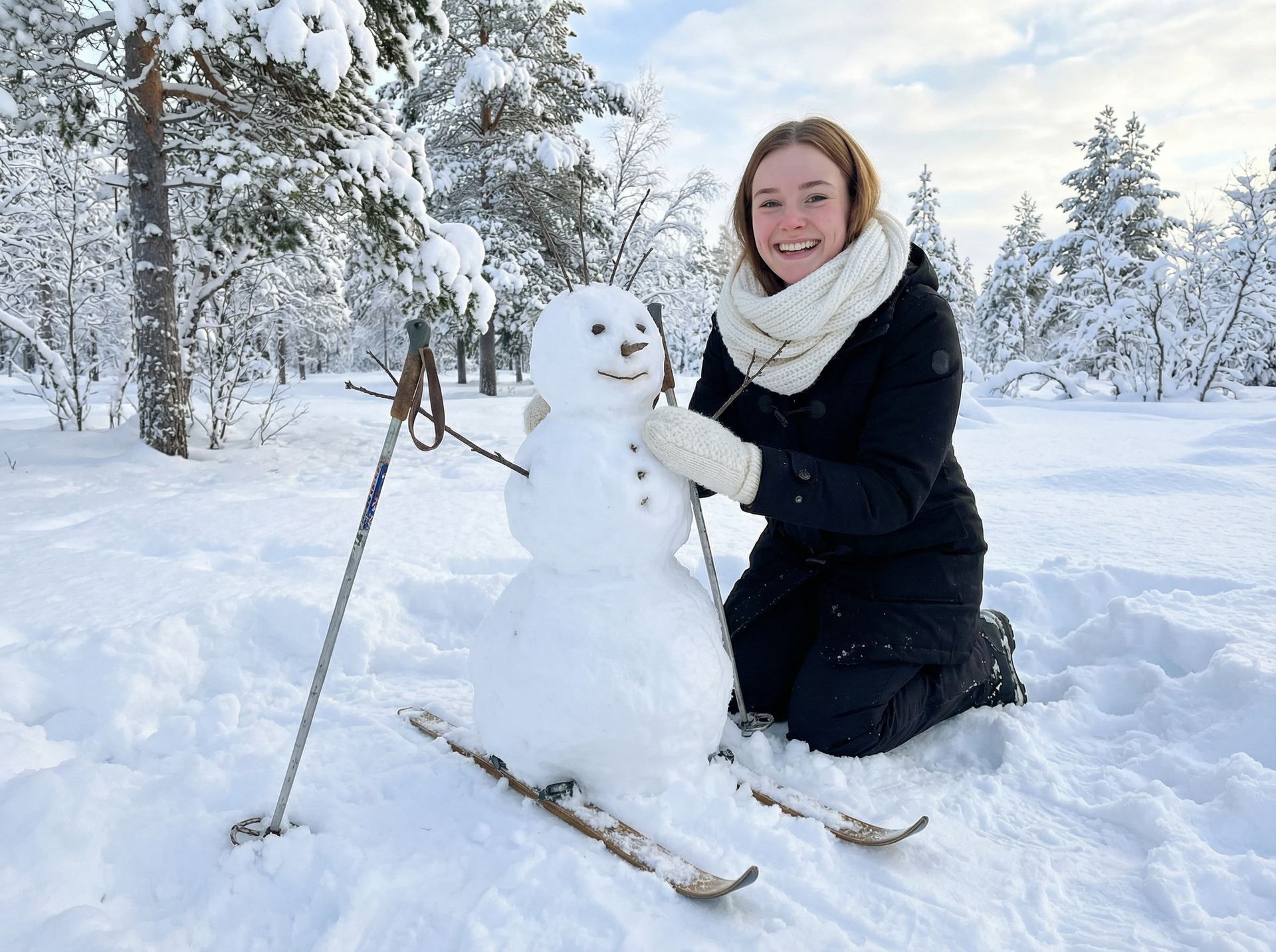 Leena, Lapinkuiskaaja, polvistuu hiihtävän lumiukon viereen lumisessa metsässä.