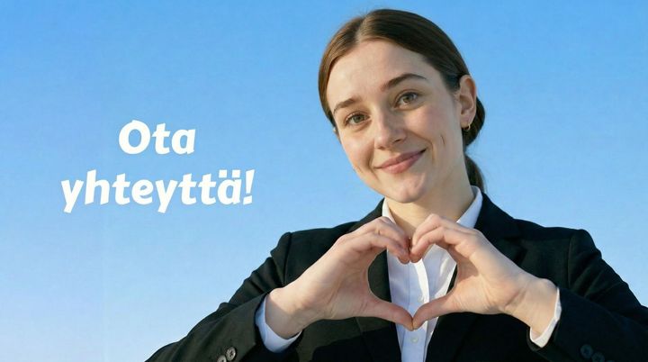 Nainen osoittaa ohimoonsa ja teksti