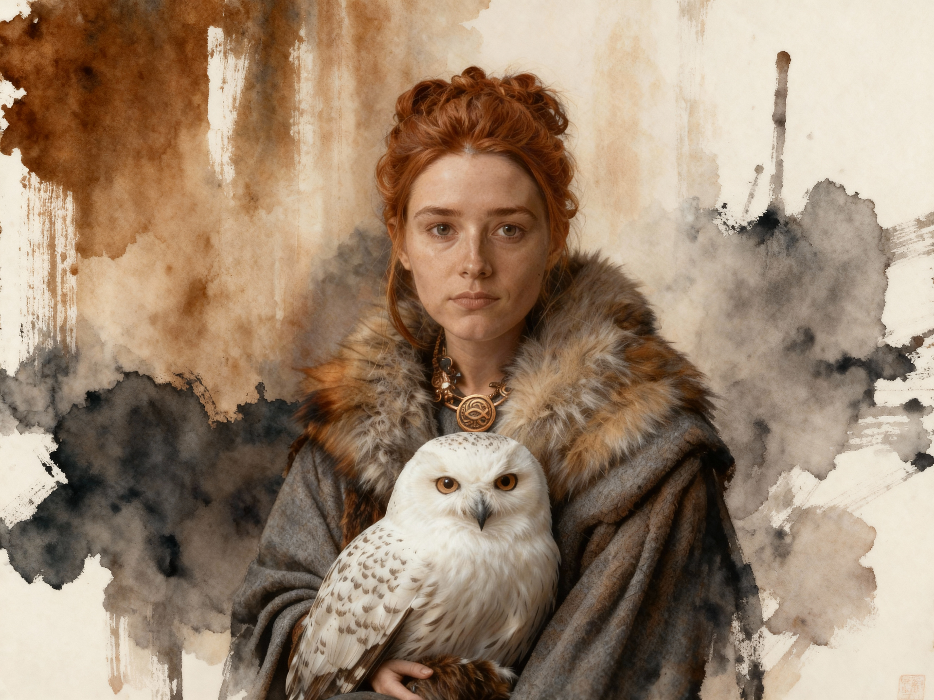 Woman with red hair, holding a white owl. She wears a fur-trimmed cloak against a watercolor background.