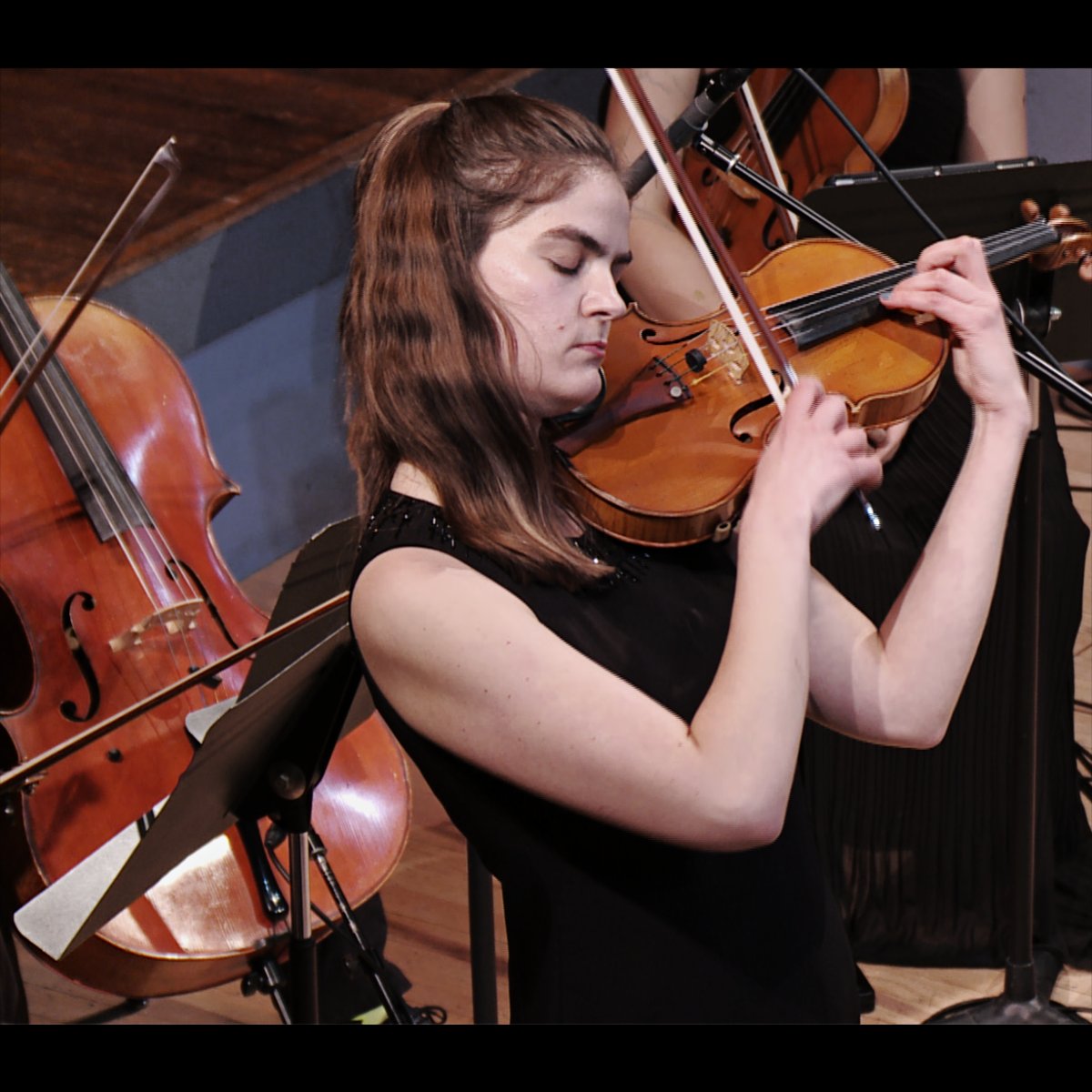 Woman playing the violin in an orchestra; wearing black, indoors, focused expression.