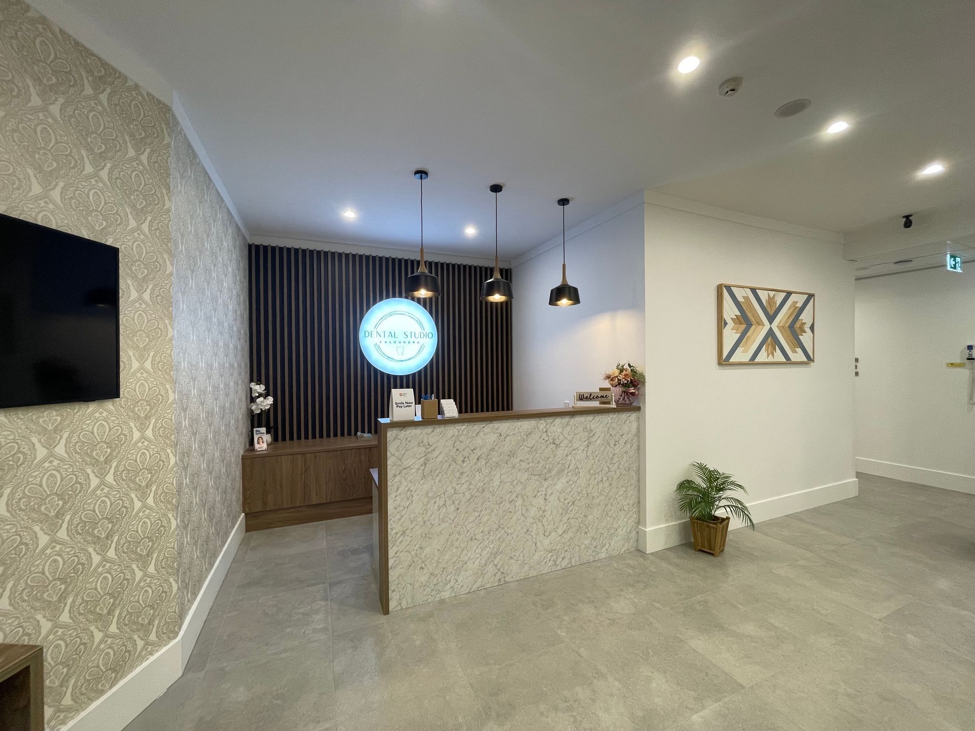 A Modern Reception Area With a Patterned Stone — Gray Projects in Woodford, QLD