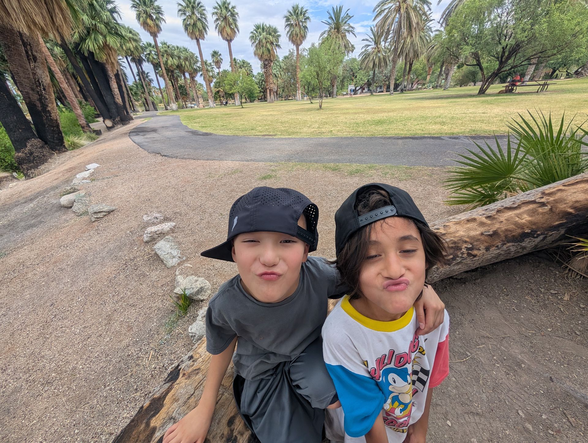Two young boys are sitting next to each other in a park making funny faces.