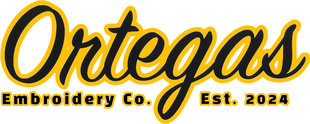 Logo for Ortegas Embroidery Co., established 2024. Features a script typeface with a gray outline.