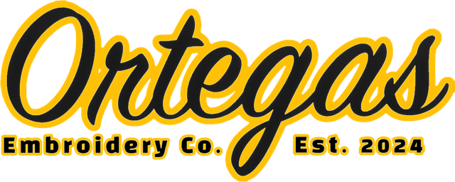 Logo for Ortegas Embroidery Co., established 2024. Features a script typeface with a gray outline.