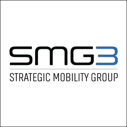 The logo for strategic mobility group is blue and black.