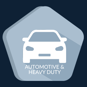 A grey and white icon of car as seen from the front over the title Automotive and Heavy Duty.